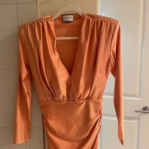 NWOT Runaway Orange US 6 Size M Mini Form Fitting Square Shoulder Low V Dress